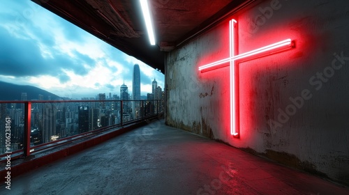 Bright neon cross against a backdrop of an evolving skyline, the composition captures the interplay of urban development and modern visual starkness at dawn. photo