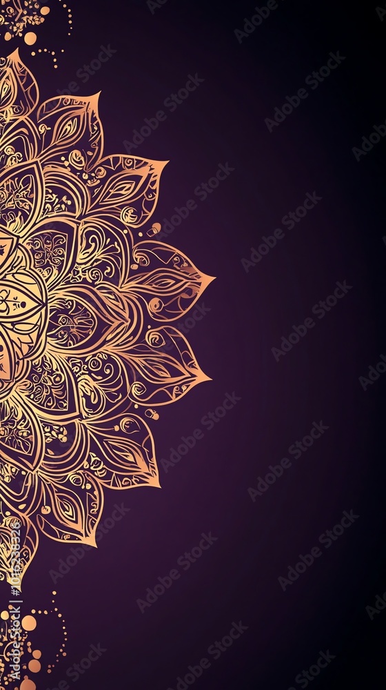 Golden mandala dance across a festive purple backdrop Golden mandala dance across a festive purple backdrop