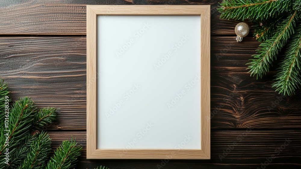 Empty wooden frame on a rustic table surrounded by evergreen branches and holiday decorations during winter Empty wooden frame on a rustic table surrounded by evergreen branches and holiday decorations during winter