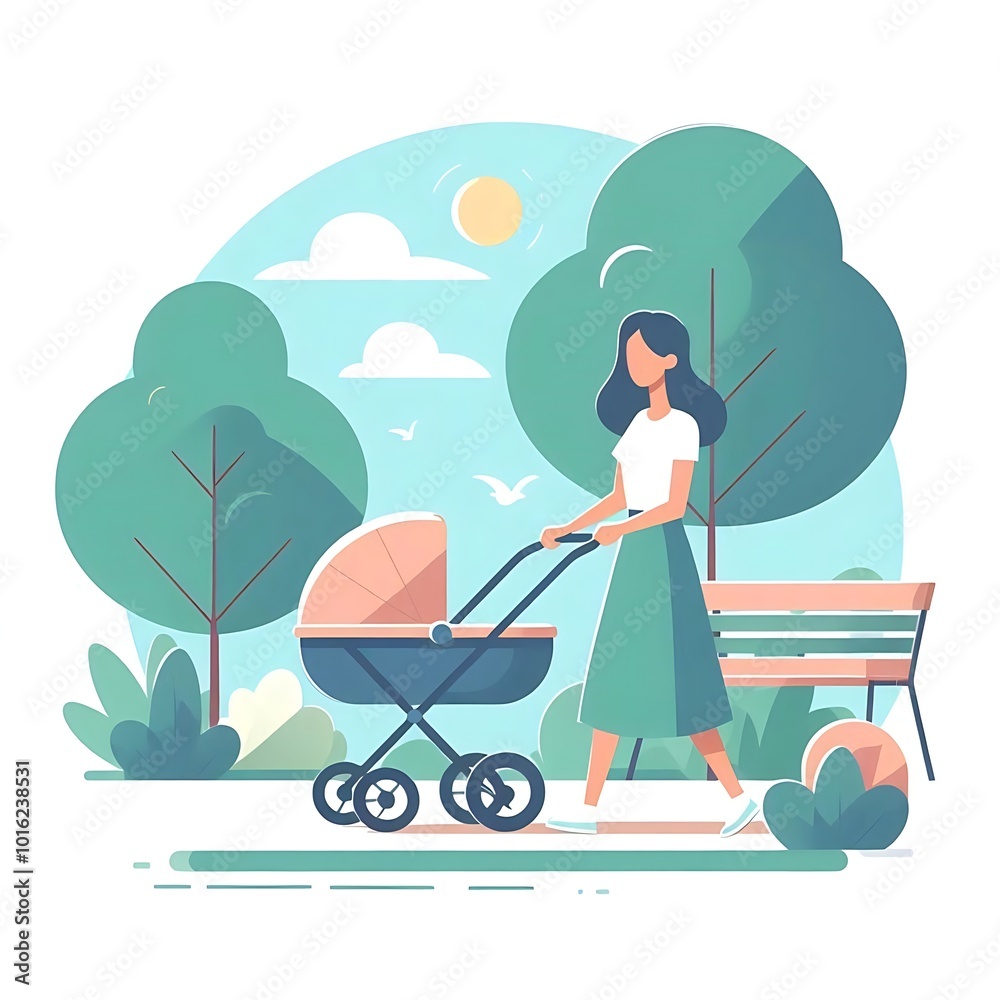 Flat-style illustration of a mother strolling through a park while pushing a stroller. Ideal for family, parenting, and outdoor-themed designs. Calm and scenic composition, perfect for everyday life Flat-style illustration of a mother strolling through a park while pushing a stroller. Ideal for family, parenting, and outdoor-themed designs. Calm and scenic composition, perfect for everyday life