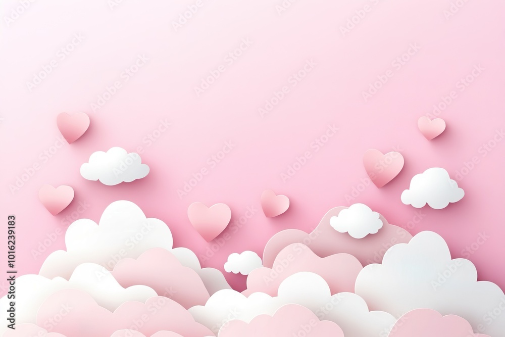 Valentine's Day background with clouds and floating hearts