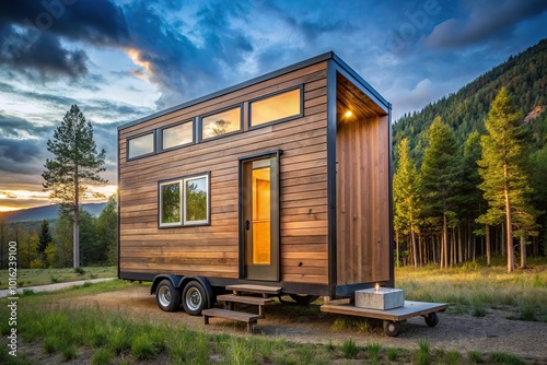 Modern style tiny house in the wilderness with a low angle view