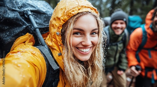 A smiling hiker in a rain-soaked forest captures the thrill of adventure and resilience, embodying joy and determination as they embrace the natural world. photo