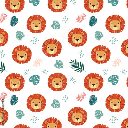 Cute lion doodle seamless pattern of funny safari animals on isolated background. Sweet jungle lions texture for baby design or children print.