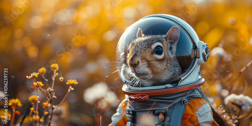 Curious Squirrel in Space Suit Admiring Flowers in Sunny Field with Futuristic Feel and Bright Yellow Background