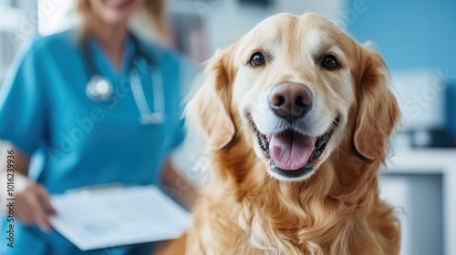 A smiling golden retriever is seen during a veterinary checkup, exuding happiness and health, while a veterinarian oversees the process, capturing a joyous moment. photo