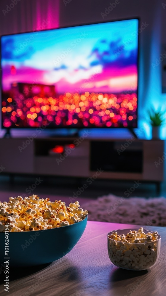 Enjoying a cozy night in with popcorn while watching a vibrant sunsetlit cityscape on a big screen Enjoying a cozy night in with popcorn while watching a vibrant sunsetlit cityscape on a big screen