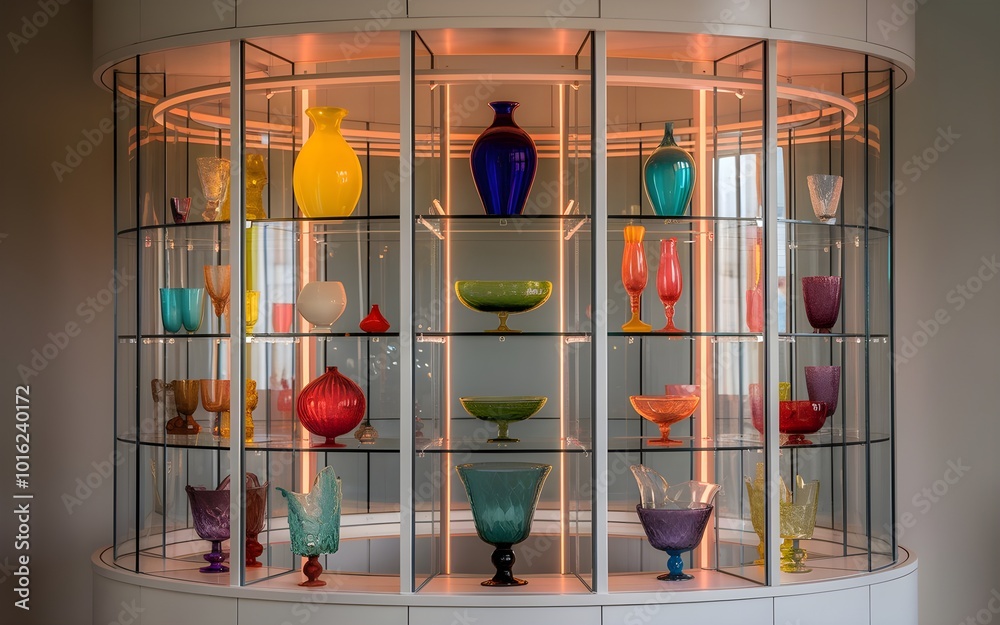 Sleek Glass Display with Round Shelves for Retail and Home Decor Showcase