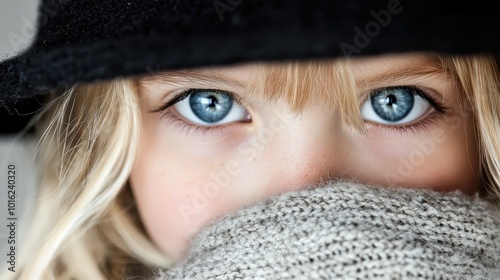 A striking portrait of a child with intense blue eyes peeks over a cozy scarf, wearing a black hat. The image conveys mystery and allure with a focus on the eyes.