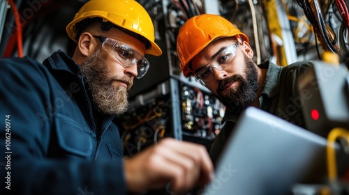 Two focused engineers in orange helmets are deeply engaged in a technical task at a facility, highlighting teamwork and precision in an industrial environment.