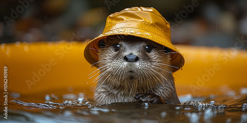 Adorable Otter in Yellow Rain Hat, Surreal Water Setting, Playful Mood with Splashes and Reflections, Whimsical Artistic Capture