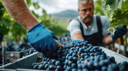 In the vineyard, a worker with blue gloves meticulously sorts ripe grapes on a table, highlighting precision and dedication in the winemaking process. photo