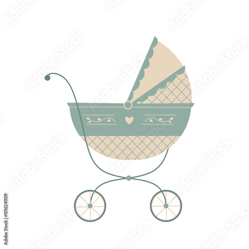 Vector nice baby carriage isolated on a white. Stroller cradle for a walking in a flat style. 