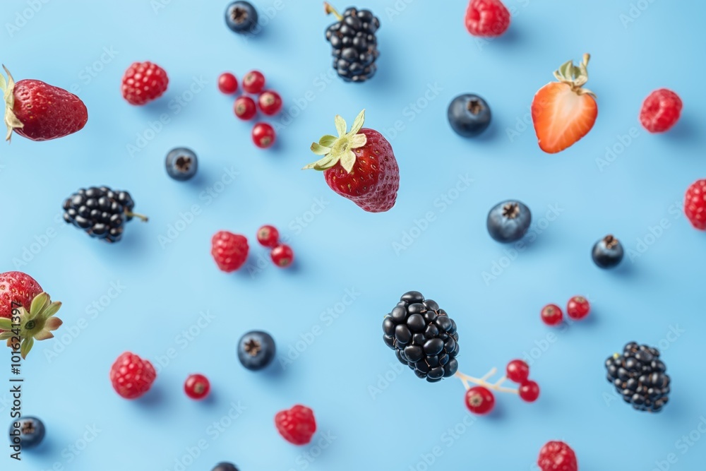 Vibrant display of berries on blue background. Berries vary in size, shape, color. Red, black, blue colors. Berries scattered, depth, dimension. Unique perspective, elevated angle. Appreciate berry Vibrant display of berries on blue background. Berries vary in size, shape, color. Red, black, blue colors. Berries scattered, depth, dimension. Unique perspective, elevated angle. Appreciate berry