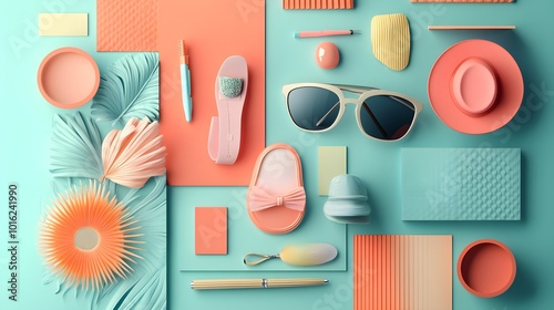 Summer Colors Abstract Background   Pastel Pink and Blue Shapes  Sunglasses  Flowers  and Geometric Patterns