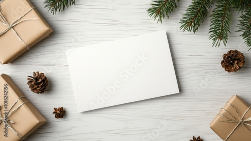 Festive arrangement of wrapped gifts and pinecones with a blank card on a wooden surface during the holiday season