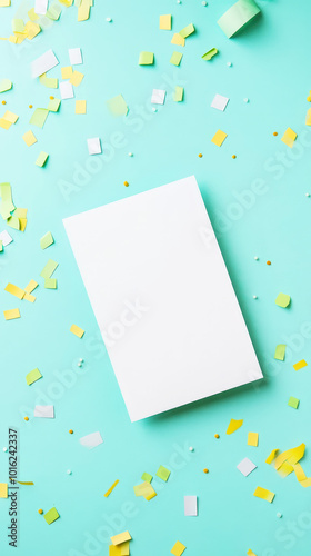 White card mockup invitation on pastel mint background, soft yellow and light green confetti. Party time. Generative AI