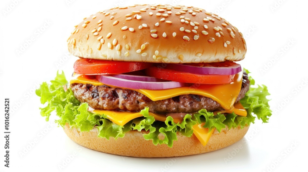 A hamburger with lettuce, tomato, cheese, onions, and pickles A hamburger with lettuce, tomato, cheese, onions, and pickles