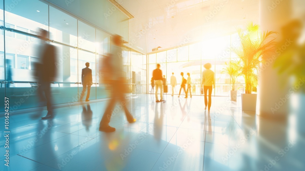 Blurred Silhouettes of People Walking in a Modern Glass Building Lobby