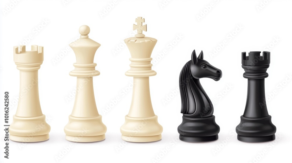 Realistic Chess Pieces on White Background Detailed Set of Black and White Chess Figures Including Rook Knight Queen and King. Generative AI Realistic Chess Pieces on White Background Detailed Set of Black and White Chess Figures Including Rook Knight Queen and King. Generative AI