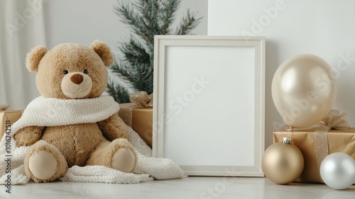Cozy holiday setting with teddy bear, empty frame, and decorative gifts in warm tones