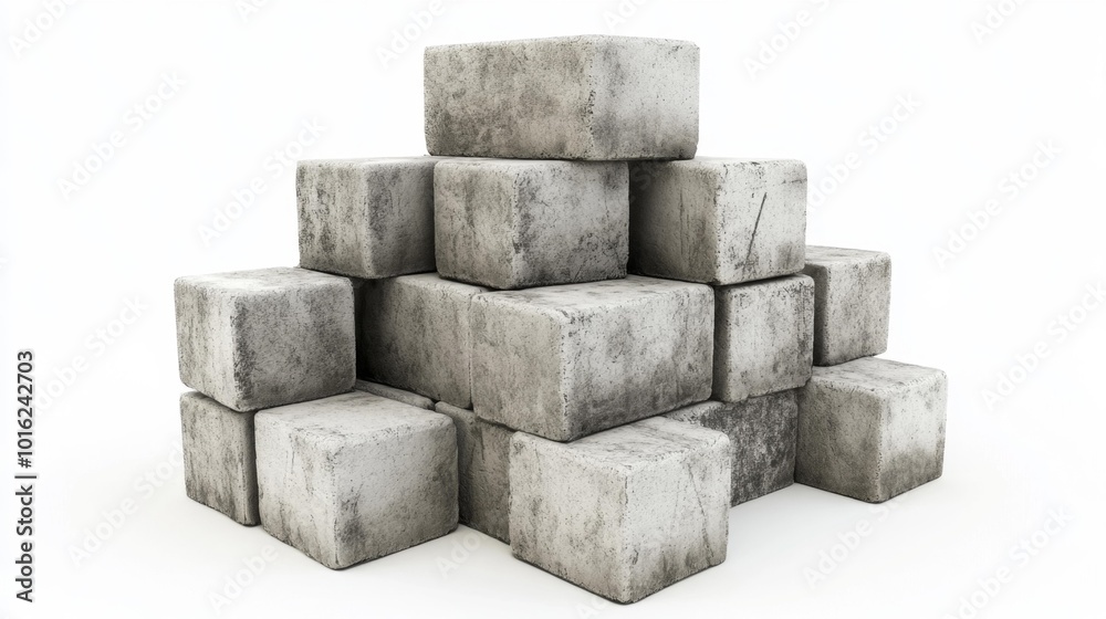 Obraz premium Stacked concrete cinder blocks isolated on a white background realistic image for construction and architectural design purposes.. Generative AI