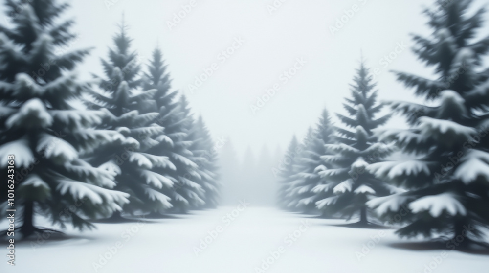 Fototapeta premium The soft focus of the snow-covered fir trees creates an atmosphere of calm and a peaceful winter look, perfect for a background or card