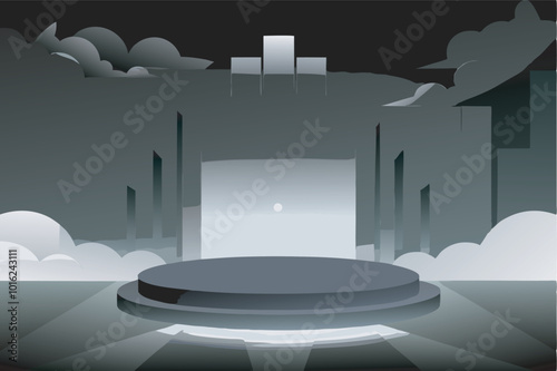 A night scene with a circular platform against a cityscape of buildings and skyscrapers. Detailed and enigmatic ambiance enhanced by smoke, clouds, and spotlight.