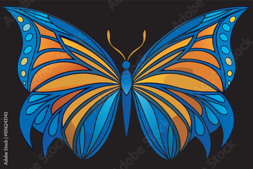 Vibrant butterfly art with blue body, yellow highlights, blue and yellow polka dots, outlined in orange on a black background. Dynamic and abstract.