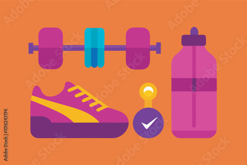 Fitness-themed image with vibrant items: sneakers, water bottle, stopwatch, and barbells against orange backdrop. Engaging and energetic flat design.