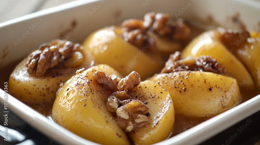 Sweetened apples cooked in the oven filled with walnuts and raisins. Sweetened apples cooked in the oven filled with walnuts and raisins.