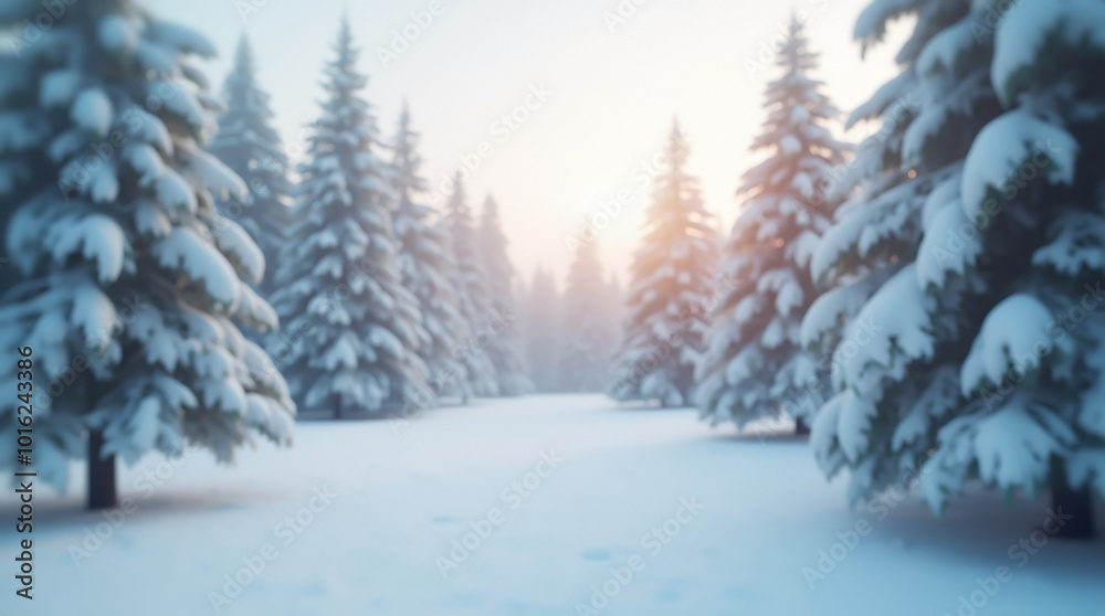 Fototapeta premium The soft focus of the snow-covered fir trees creates an atmosphere of calm and a peaceful winter look, perfect for a background or card