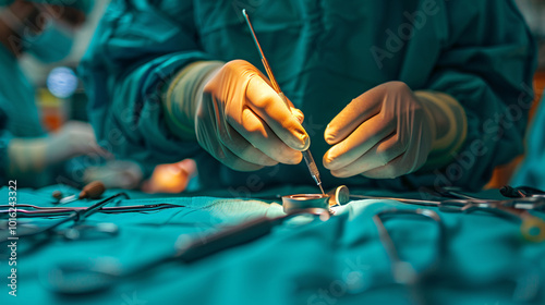 A closeup of a surgical incision on a patient's skin, with a focus on the scalpel and medical instruments used during the operation