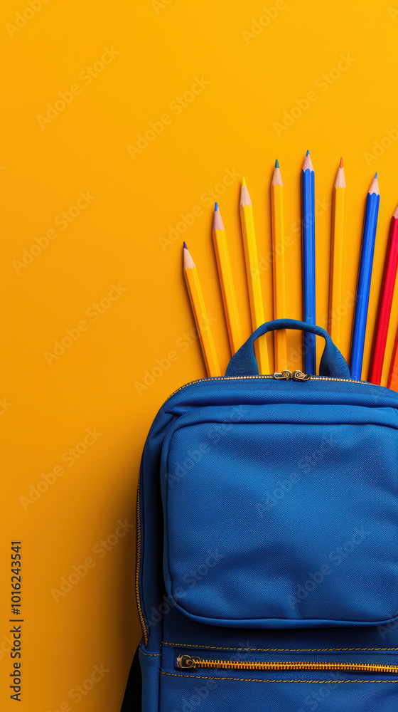 Back to School: A blue backpack with colorful pencils peeking out, ready for learning and new adventures. The vibrant yellow background adds a touch of optimism to this back-to-school image. Back to School: A blue backpack with colorful pencils peeking out, ready for learning and new adventures. The vibrant yellow background adds a touch of optimism to this back-to-school image.