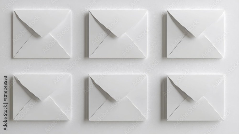 Minimalistic envelopes arranged in rows on a clean white background high-resolution image for stationary postal services or design concepts perfect for advertising and branding. Generative AI Minimalistic envelopes arranged in rows on a clean white background high-resolution image for stationary postal services or design concepts perfect for advertising and branding. Generative AI