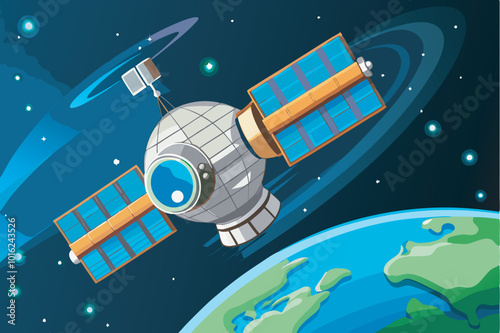 A cartoon satellite with hexagonal structure and solar panels floats in space above Earth in an illustration with galaxy motif