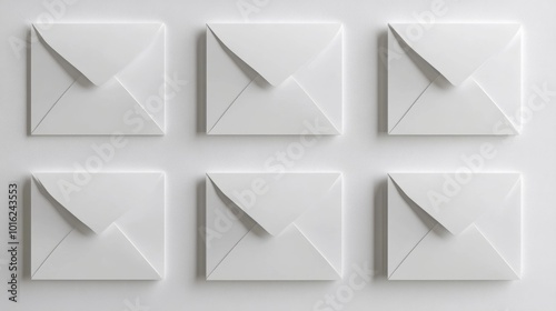 Minimalistic envelopes arranged in rows on a clean white background high-resolution image for stationary postal services or design concepts perfect for advertising and branding. Generative AI