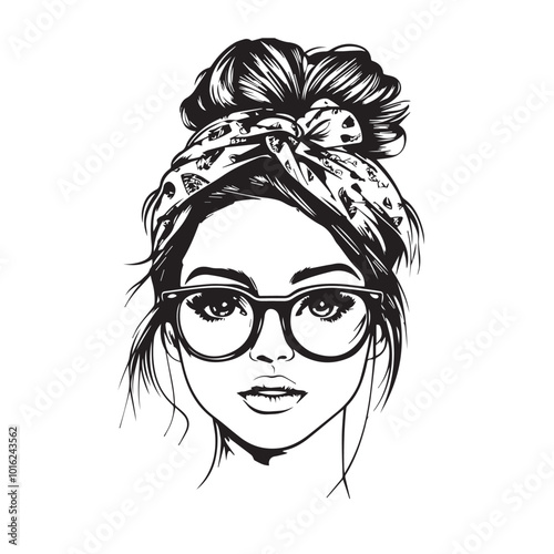 Hand-drawn girl with messy hairstyle - hair bun. Mom lifestyle clip art for prints