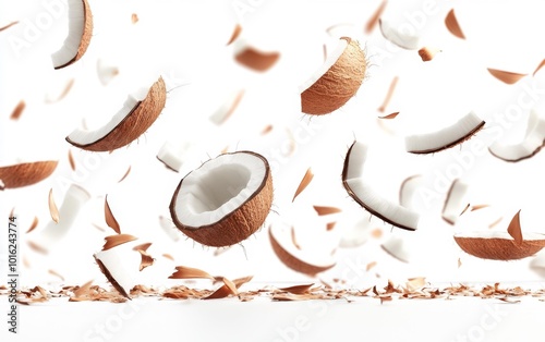 Realistic Falling Coconut Slices Isolated on White Background Dynamic Image with Coconut Pieces in Motion. Generative AI