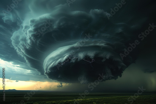 A large, dark and ominous supercell thunderstorm with a huge circular tornado.