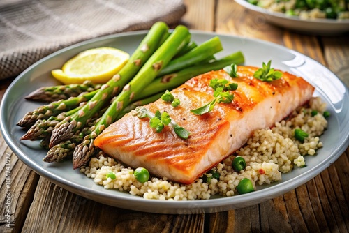 grilled salmon fillet served with asparagus, quinoa salad