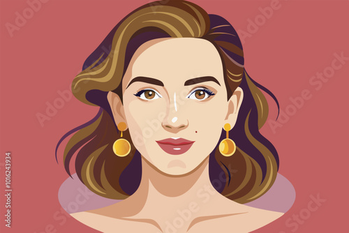 Illustration of a woman with brown wavy hair, pink shirt, red lipstick, and gold earrings, smiling at the viewer against a red background with pink squares.