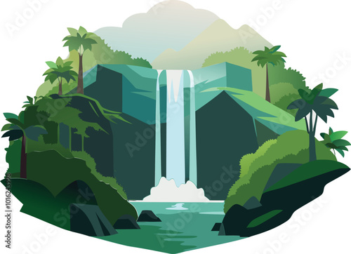lush rainforest with waterfall vector simple 3d isolated illustration 