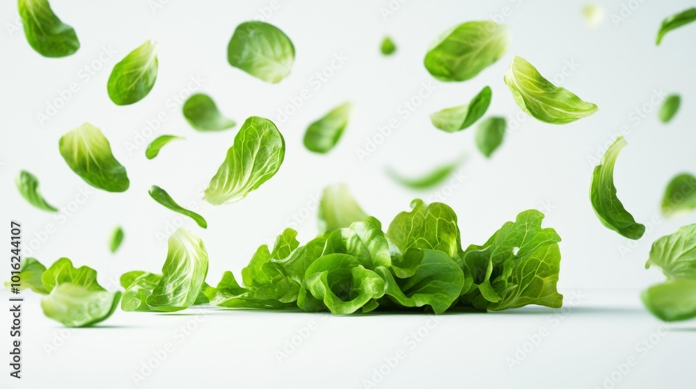 Falling Lettuce Leaves on a White Background Realistic Food Photography. Generative AI Falling Lettuce Leaves on a White Background Realistic Food Photography. Generative AI