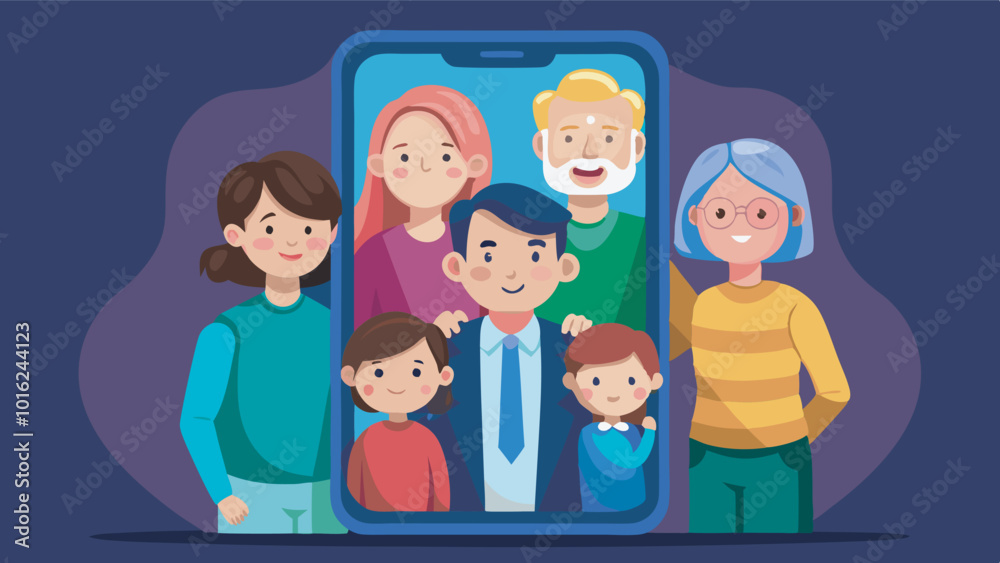 A happy family of six shown in a cellphone photo. Father, mother, kids, and possibly grandparents, smiling closely. Unity and happiness portrayed against a navy purple backdrop. A happy family of six shown in a cellphone photo. Father, mother, kids, and possibly grandparents, smiling closely. Unity and happiness portrayed against a navy purple backdrop.