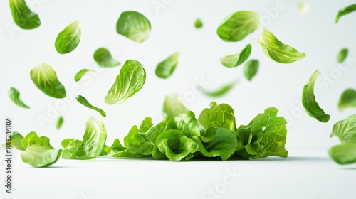 Falling Lettuce Leaves on a White Background Realistic Food Photography. Generative AI