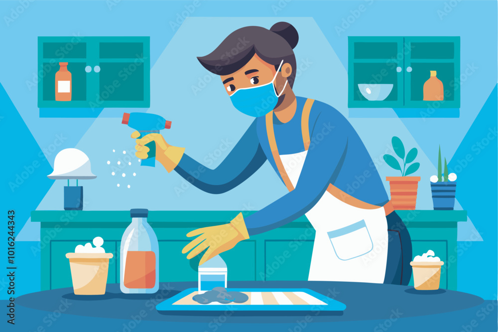 Person in white apron, yellow gloves, mask cleaning kitchen counter with sprayers, utensils. Emphasis on sanitation and cleanliness in kitchen. Person in white apron, yellow gloves, mask cleaning kitchen counter with sprayers, utensils. Emphasis on sanitation and cleanliness in kitchen.