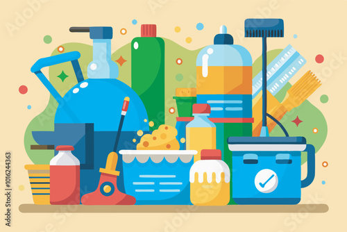 A bright image showcases a variety of cleaning supplies against a yellow backdrop, conveying a clean and organized environment with items neatly displayed.