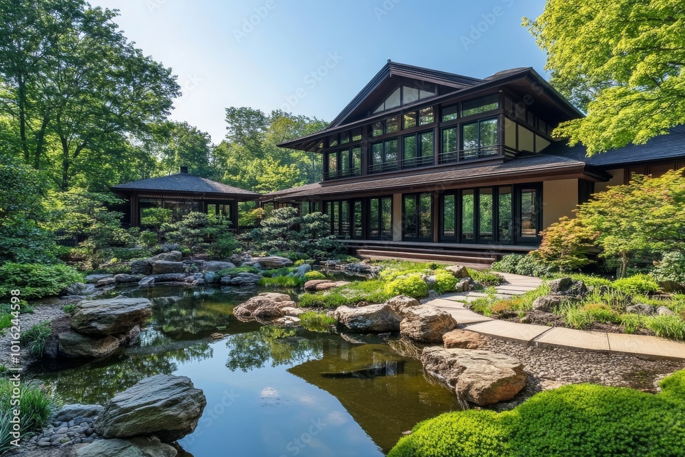 Tranquil Japanese Garden with a serene pond, large rocks, lush greenery, and a modern home. Tranquil Japanese Garden with a serene pond, large rocks, lush greenery, and a modern home.