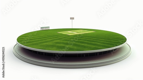 3D render of vibrant green cricket stadium on white background. Baseball field with red pitcher mound and white scoreboard. Low-angle view of sport field with grass and green grassy area. photo